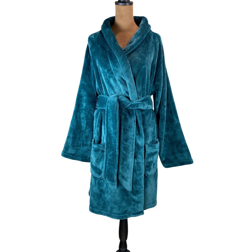 Victoria's Secret Teal Blue Green Plush Fleece Robe Embroidered Logo XS/S Luxe